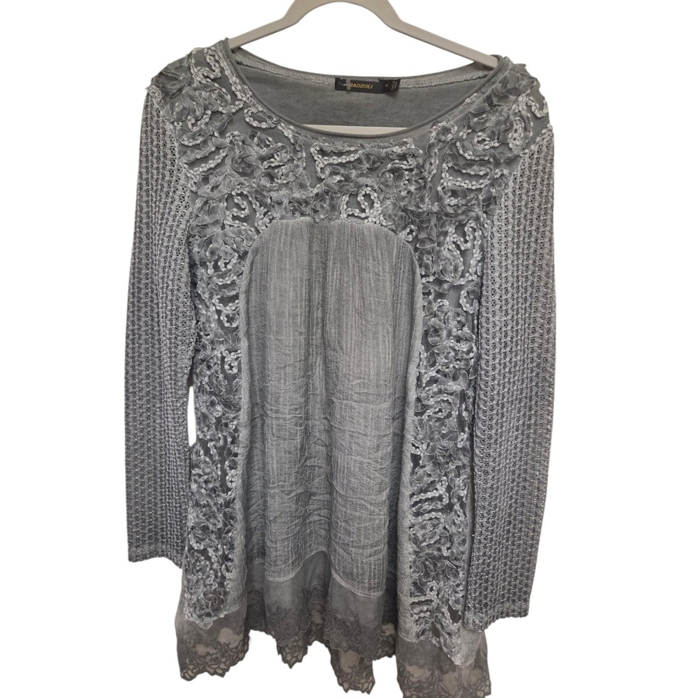 Radzoli Gray Lace‎ Floral Knit Long Sleeve Tunic Top Women's Size S
